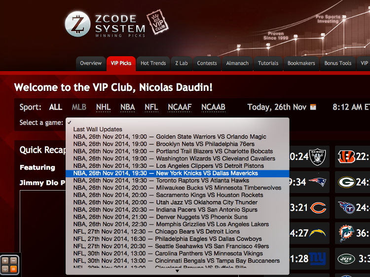 Capture d'écran menu déroulant dans VIP Picks