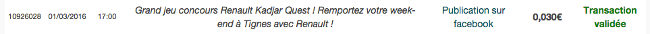 Confirmation du gain grâce aux statuts Facebook sur Moolineo